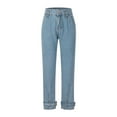 thumbnail image 6 of Women's High Waist Stretch Straight Wide Leg Blue Jeans Distressed Comfort Classic Denim Pants Trousers with Pockets, 6 of 7