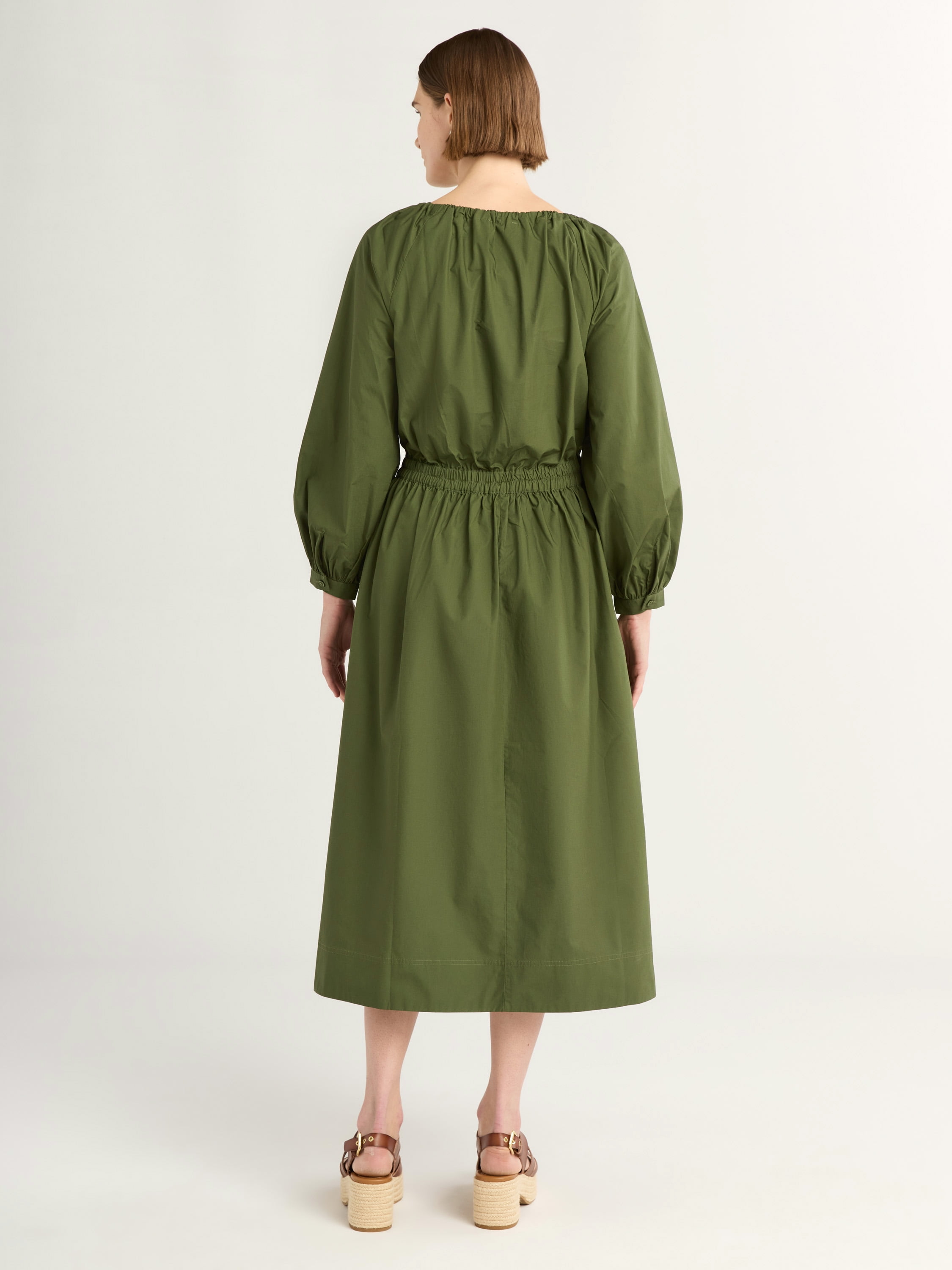 Free Assembly Women's Gathered Neck Cotton Maxi Dress with Long Sleeves, XS-XXXL