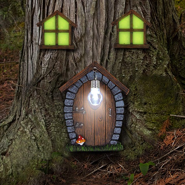 Ventanas y puertas en miniatura con luces decorativas para árboles, puertas y ventanas luminosas para dormir de hadas, escultura de jardín artística para patio, decoración de césped