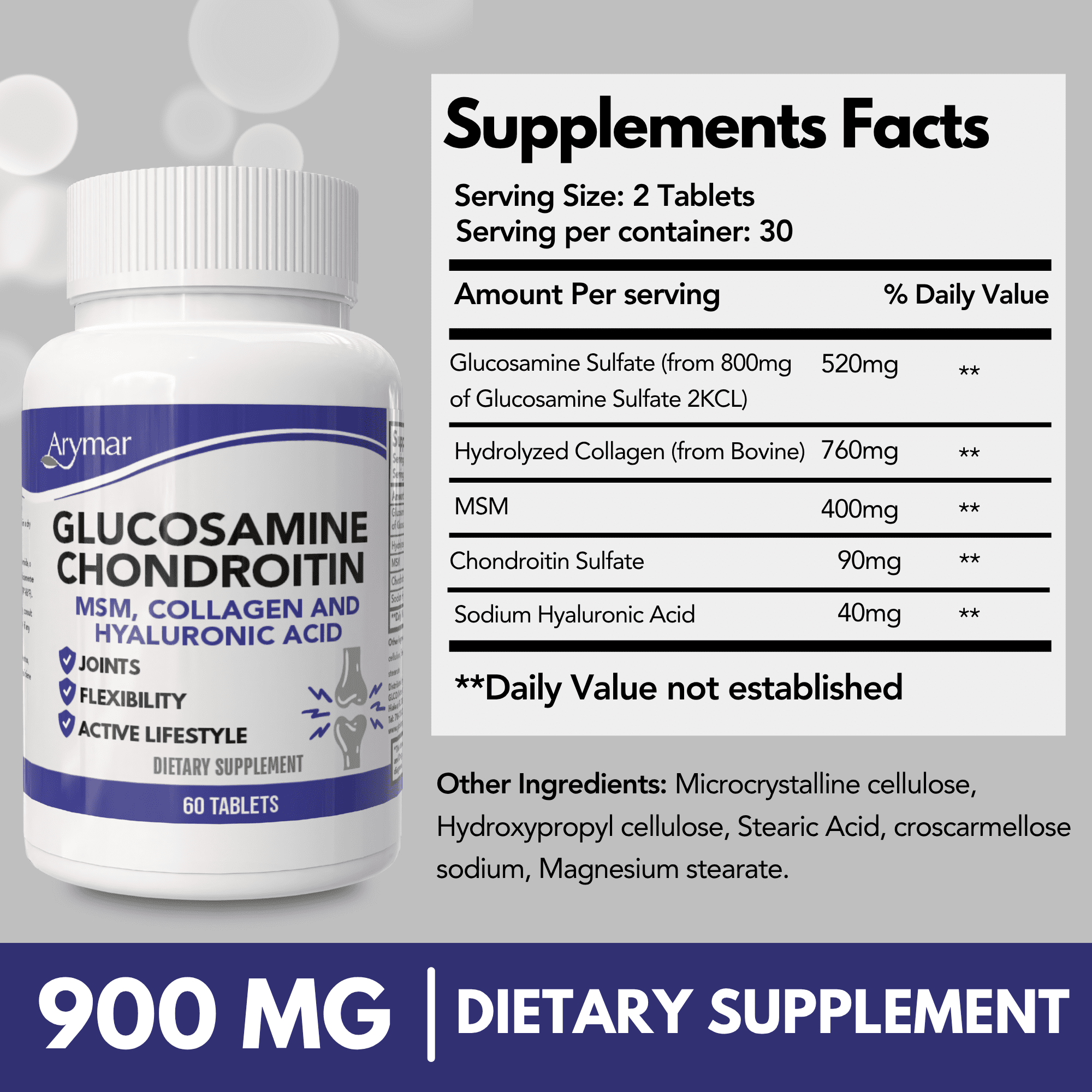 Arymar Glucosamine, Chondroitin, MSM, Collagen & Hyaluronic Acid 60 tablets