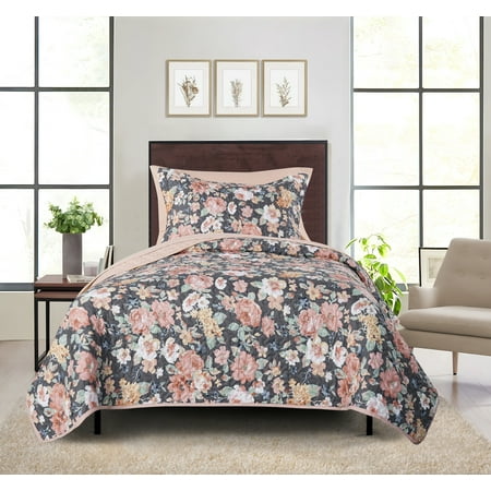 Mainstays All in One Lightweight Quilt Set and Sheet Set -5 Piece, Twin/Twin-XL, Gray Floral