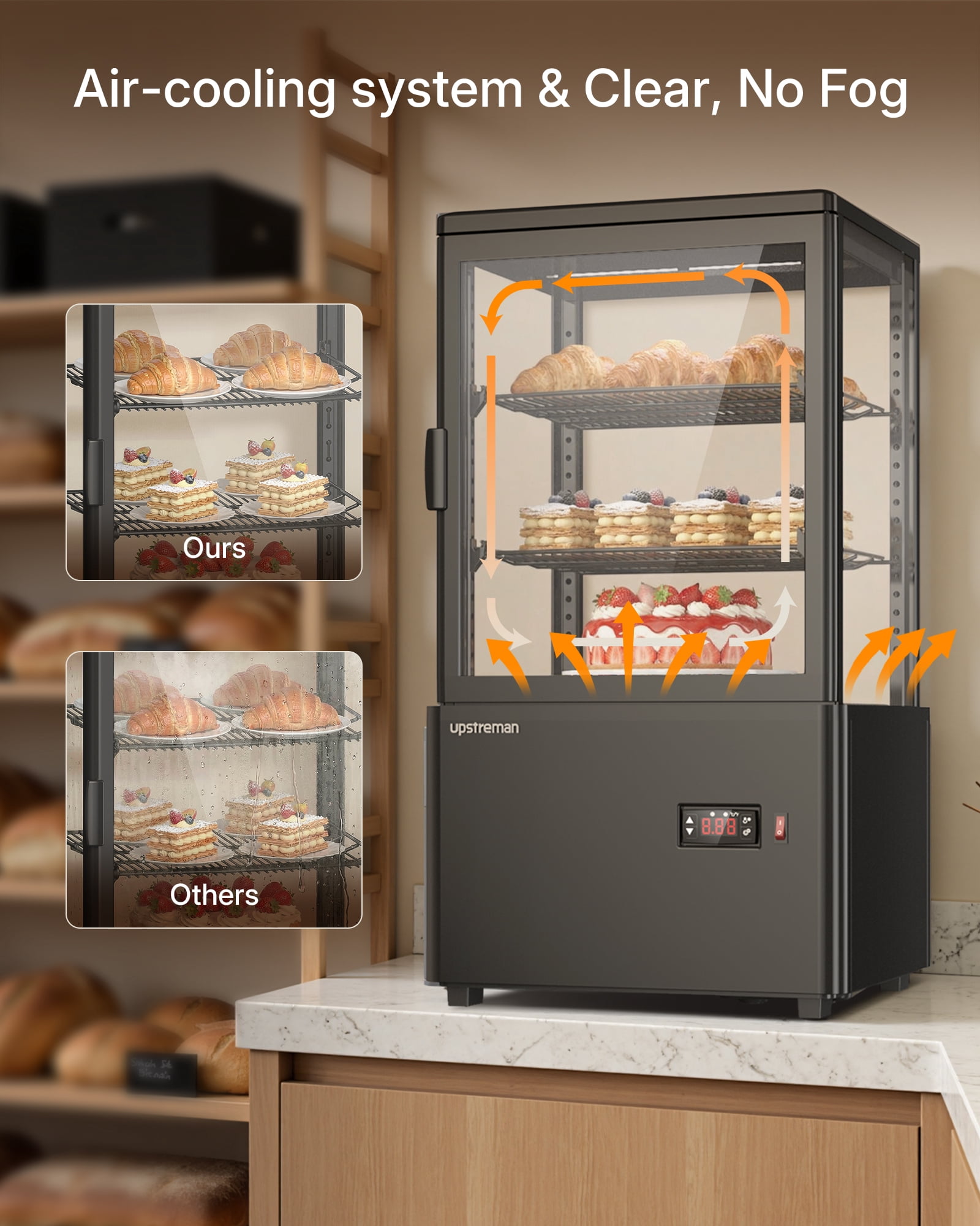 Upstreman Commercial Cake Display Refrigerator, 2.0 Cu.Ft/56L Countertop Pastry Refrigerated Display Case 3-Tier Cake Fridge, CD20