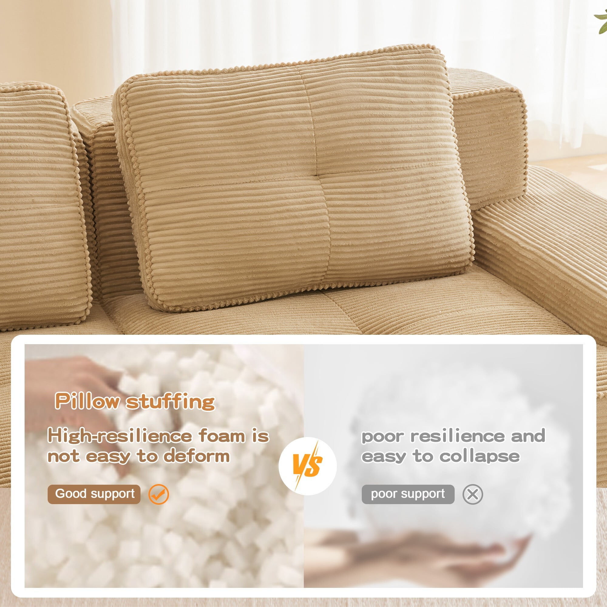 DEALTOPS Oversized Corduroy Loveseat, Sponge Filler Deep Seat 2-Seater Sofa for Living Room, No Assembly Needed, Camel