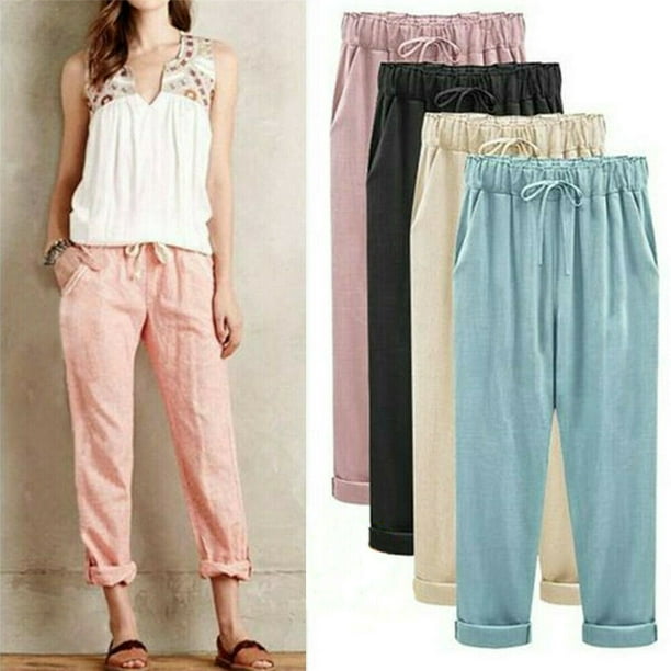 Women Cotton Linen Casual Harem Pants Elastic Waist Pockets Loose
