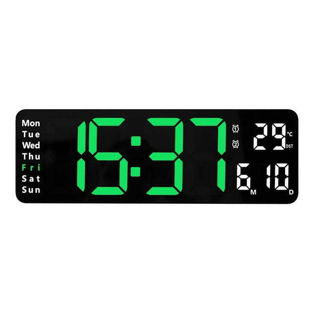 Reloj digital de pantalla grande con hora, fecha y temperatura semanal.