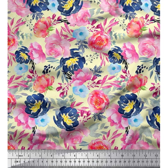 Soimoi Yellow Poly Georgette Fabric Leaves & Pink Floral Watercolor Print Fabric by The Yard 42 Inch Wide