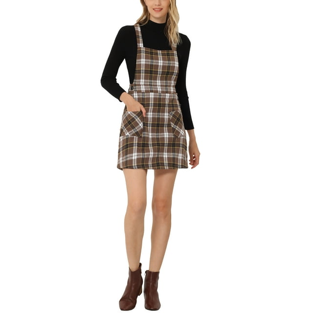 INSPIRE CHIC Robe Chasuble Trapèze à Carreaux pour Femme avec Boutons Décoratifs S Brun Foncé