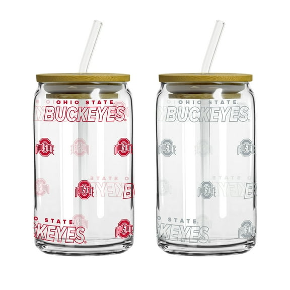 Logo Brands Ohio State Buckeyes 16oz. Step And Repeat Glass Can with Lid & Straw 2-Pack