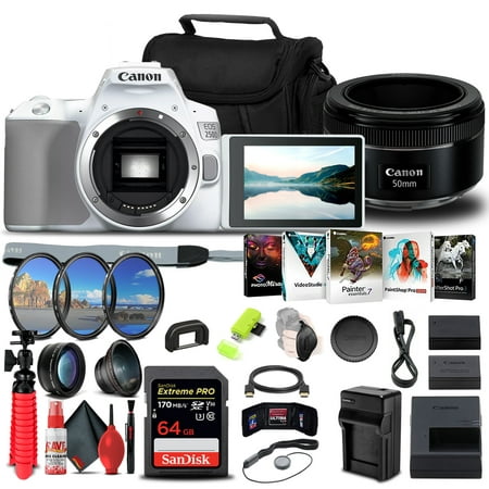 Image of Canon EOS 250D / Rebel SL3 DSLR Camera (Body Only) + (White) Canon EF 50mm Lens + 64GB Memory Card + Filter Kit + LPE17 Battery + External Charger + Card Reader + More