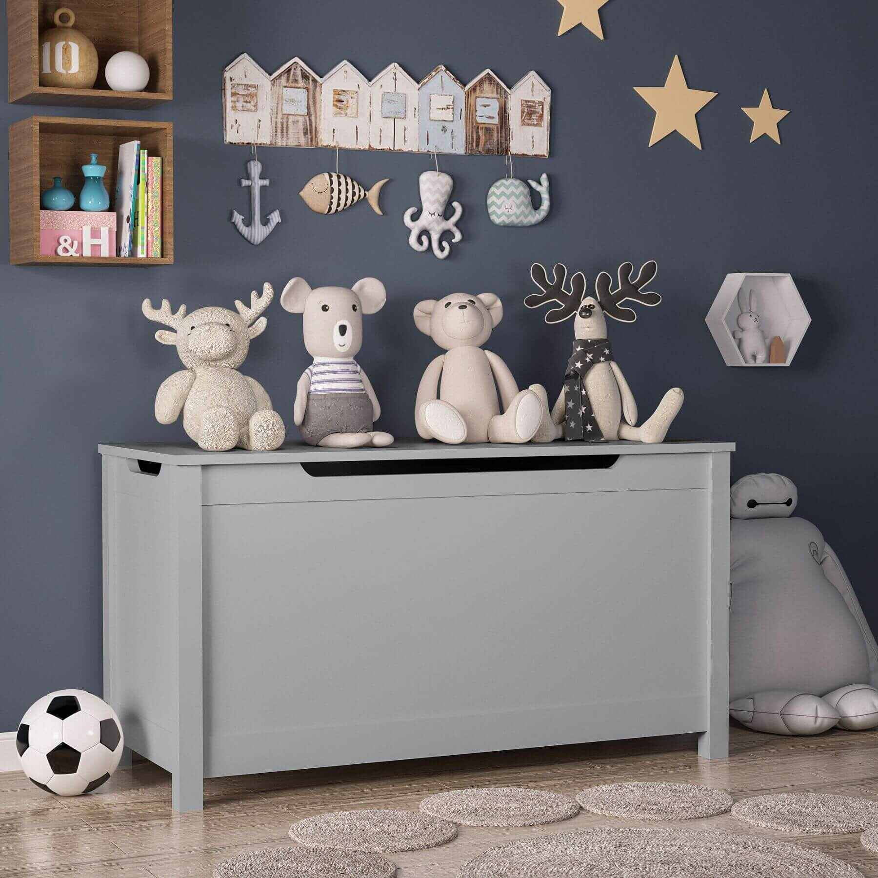 MOONRIVER Kids Wooden Toy Box Storage with Safety Hinged Lid, Grey