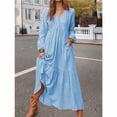 thumbnail image 4 of Vestido Bohemio de Algodón para Mujer, con Escote en V, Larga, Holgado, para Playa, con Bolsillos y Botones Azul XXL, 4 of 9