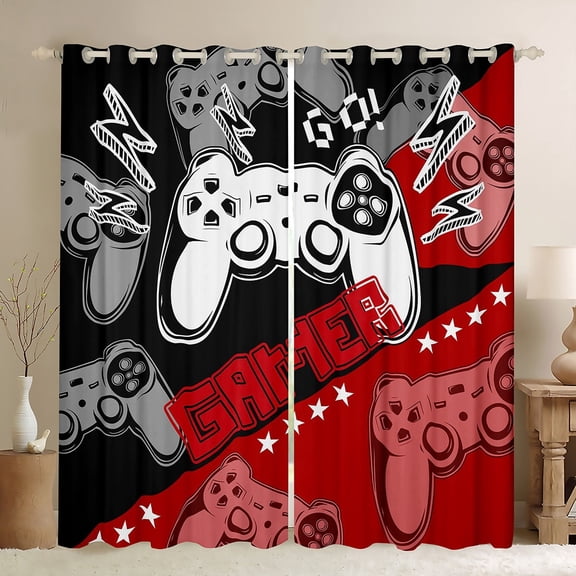 Feelyou Boys Gaming Gamer Black Out Curtains, Red Game Console Gamepad Curtains Pack of 2 (42x63 Each), Cartoon Stars Print Bedroom Curtains, Living Room Curtains Decor
