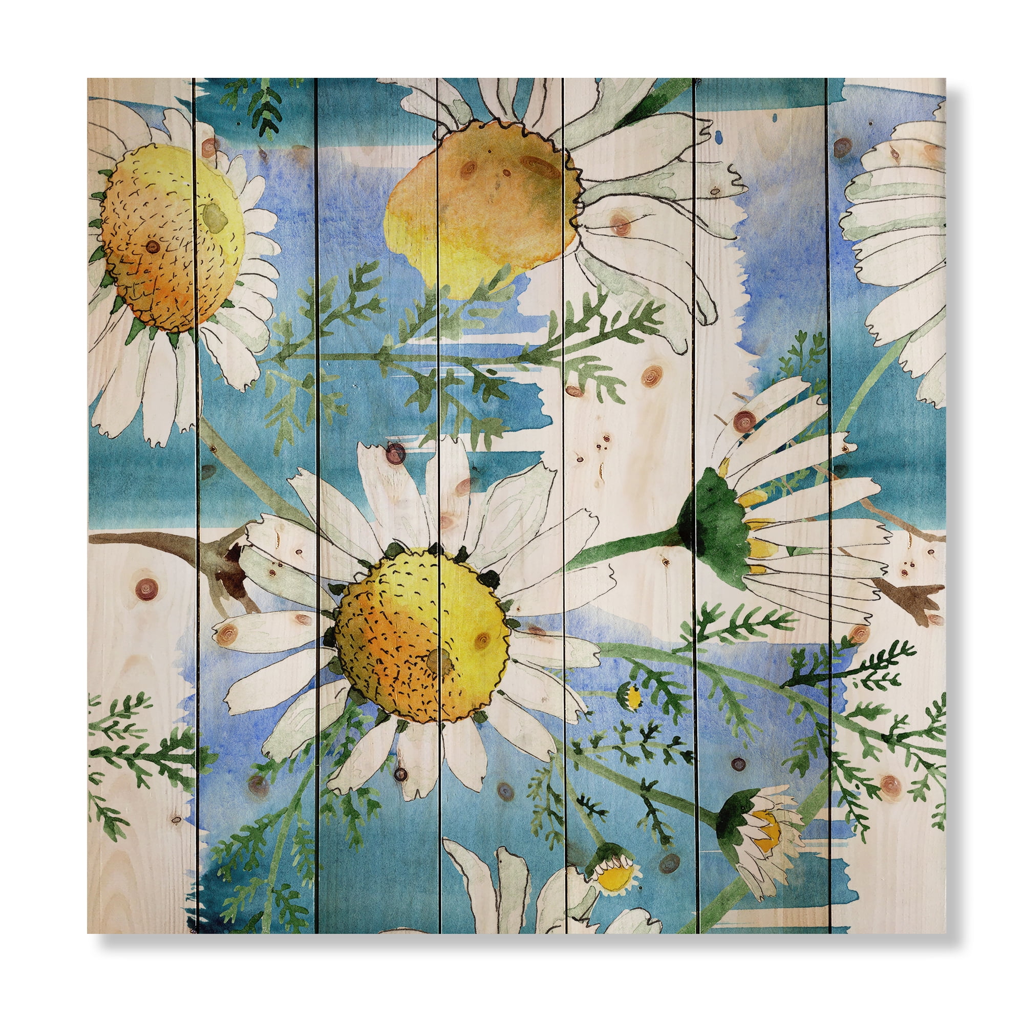 Designart 'Wild Spring White Chamomile Flowers' Traditional Print on Natural Pine Wood