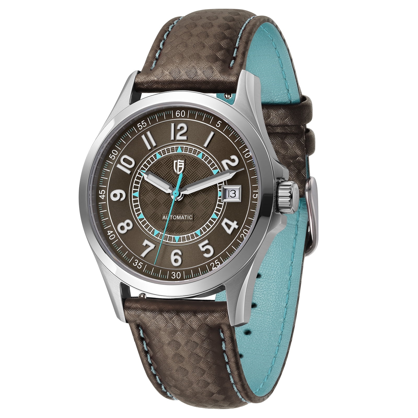 BERNY Men's Automatic Watch, Leather Strap Mechanical Watch with Date, Super Luminous, Sapphire Crystal, 10ATM Waterproof, Fashion Casual Wristwatch for Men (Blue)