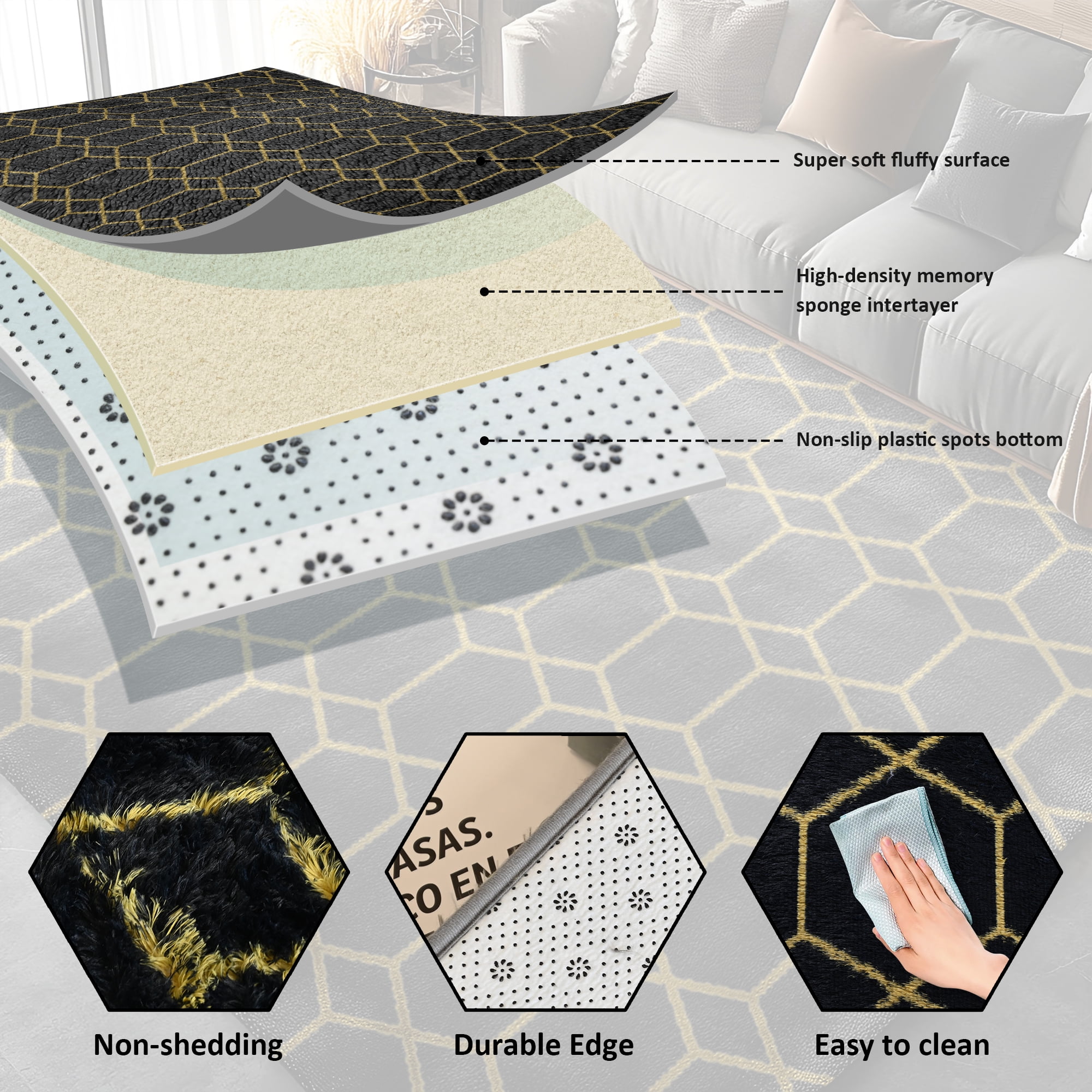 Pentantan 5ft x 8ft Shag Area Rugs for Living Room, Modern Geometric Fluffy Bedroom Carpet, Black & Gold