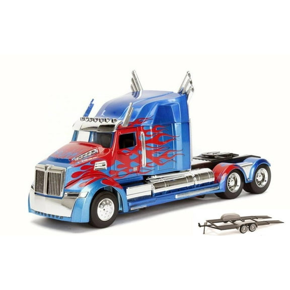 Diecast Car & Trailer Package - TRANSFORMERS 5 Optimus Prime, Blue w/Red - Jada 98403/12 - 1/24 Scale Diecast Model Toy Car w/Trailer