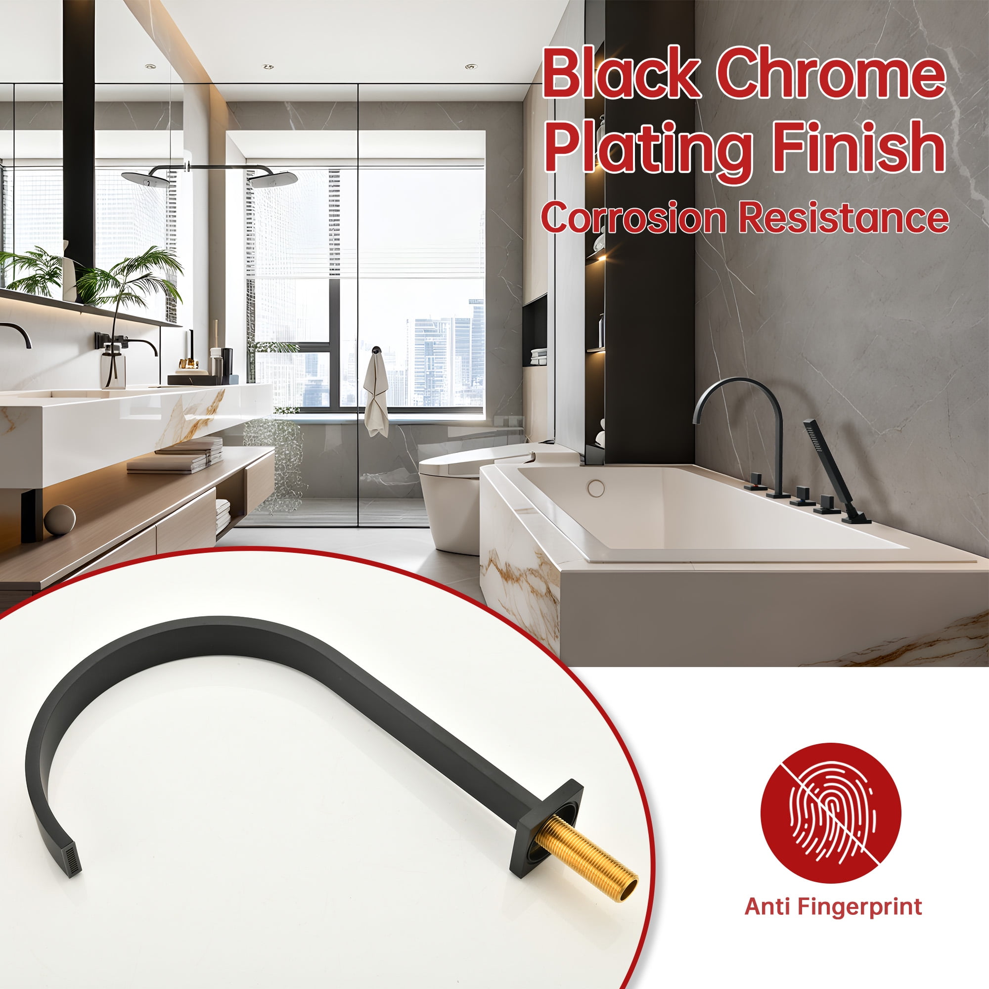 SUMERAIN Modern Matte Black Roman Tub Faucet with Valve, 5 Hole Waterfall Bathtub Faucet with Hand Shower, High Flow