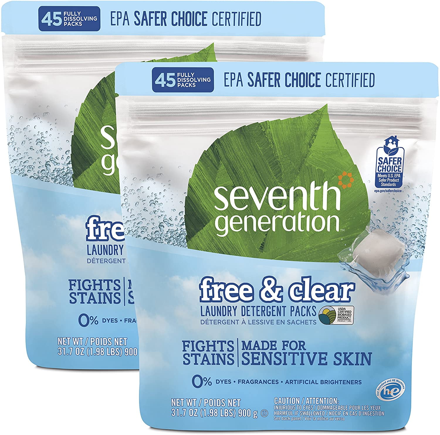 Seventh Generation Laundry Detergent Packs, Free and Clear, 90 Loads, 2