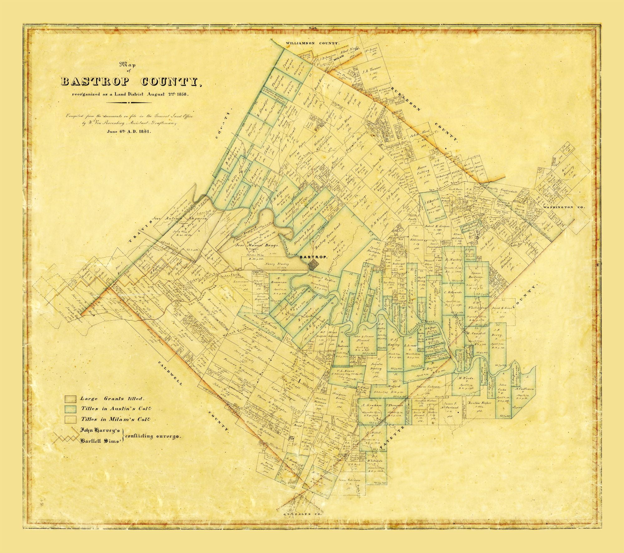 Bastrop County Texas - General Land Office 1861  x  - Matte  Canvas 