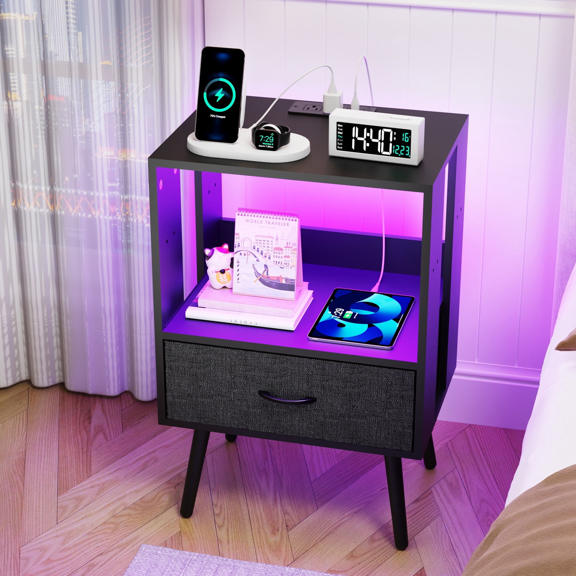 Nightstand Set of 2, Holaki Nightstand with Charging Station for Bedroom, Night Stand with LED Light & Fabric Drawers, Dresser Bedside Table for Living Room, Black