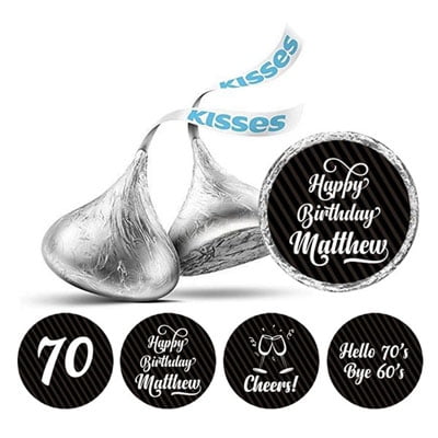 Darling Souvenir Cheers 70th Birthday Custom Name Stickers 190 Pcs Candy Labels Party Favor-Black
