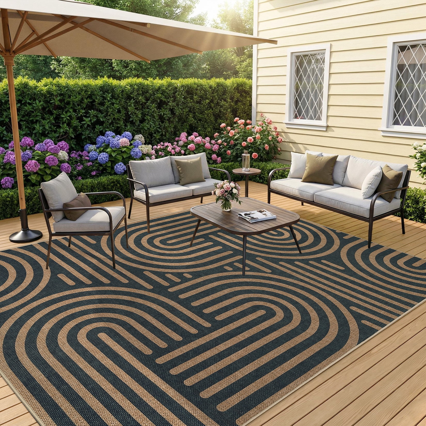 Garvee 5'x7' Geometric Area Rug Easy Jute Carpet, Abstract Washable Rug Rainbow Non Slip Indoor Outdoor Accent Rug for Living Room Bedroom Dining Room Balcony Patio, Black Coffee