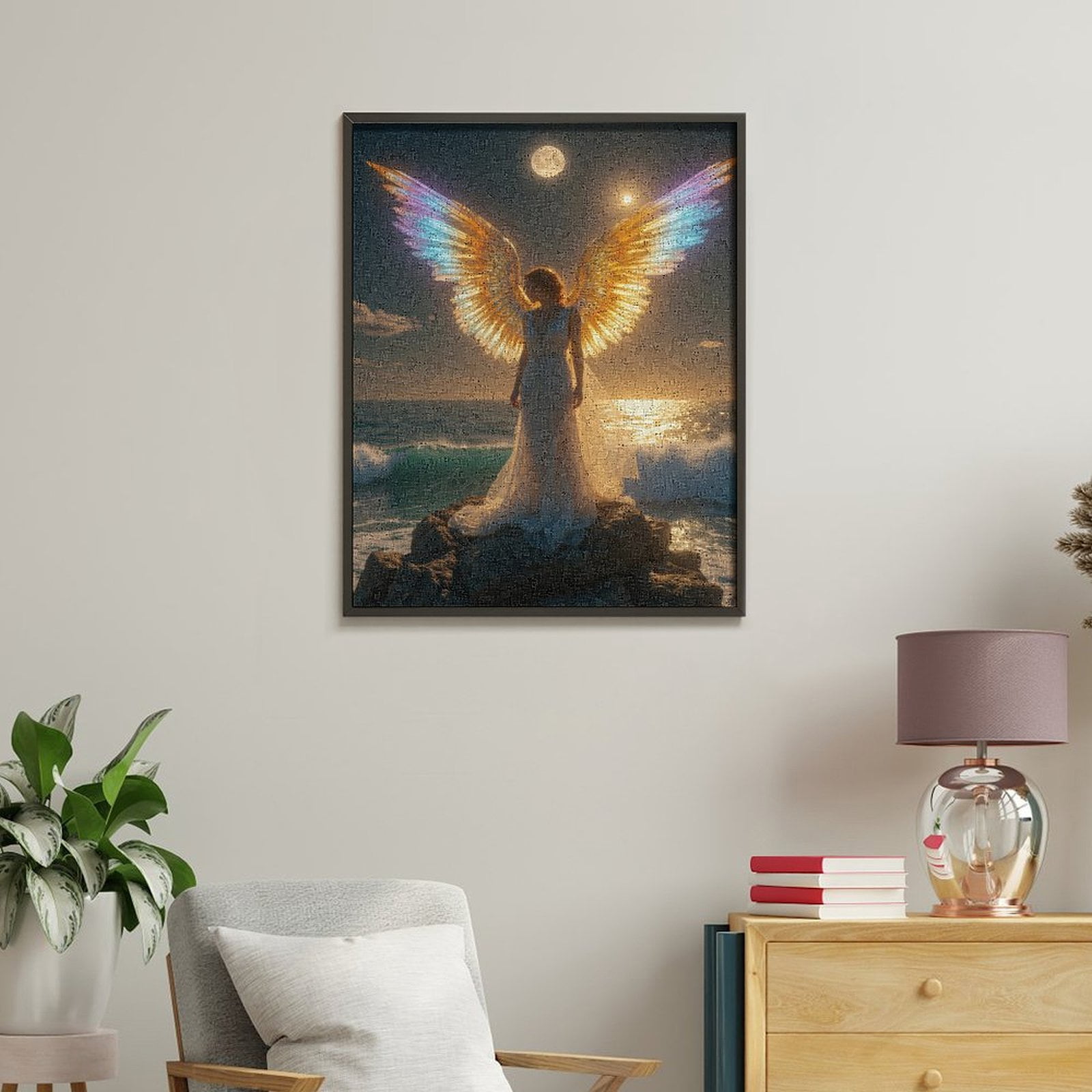 Paint by Numbers Kit for Adults, Angel Wings Ocean Moonlight Scene Paint by Numbers, Easy Paint by Numbers Kit for Adults Beginner, DIY Adult Paint by Number Kits on Canvas, 12x16in Home Decor