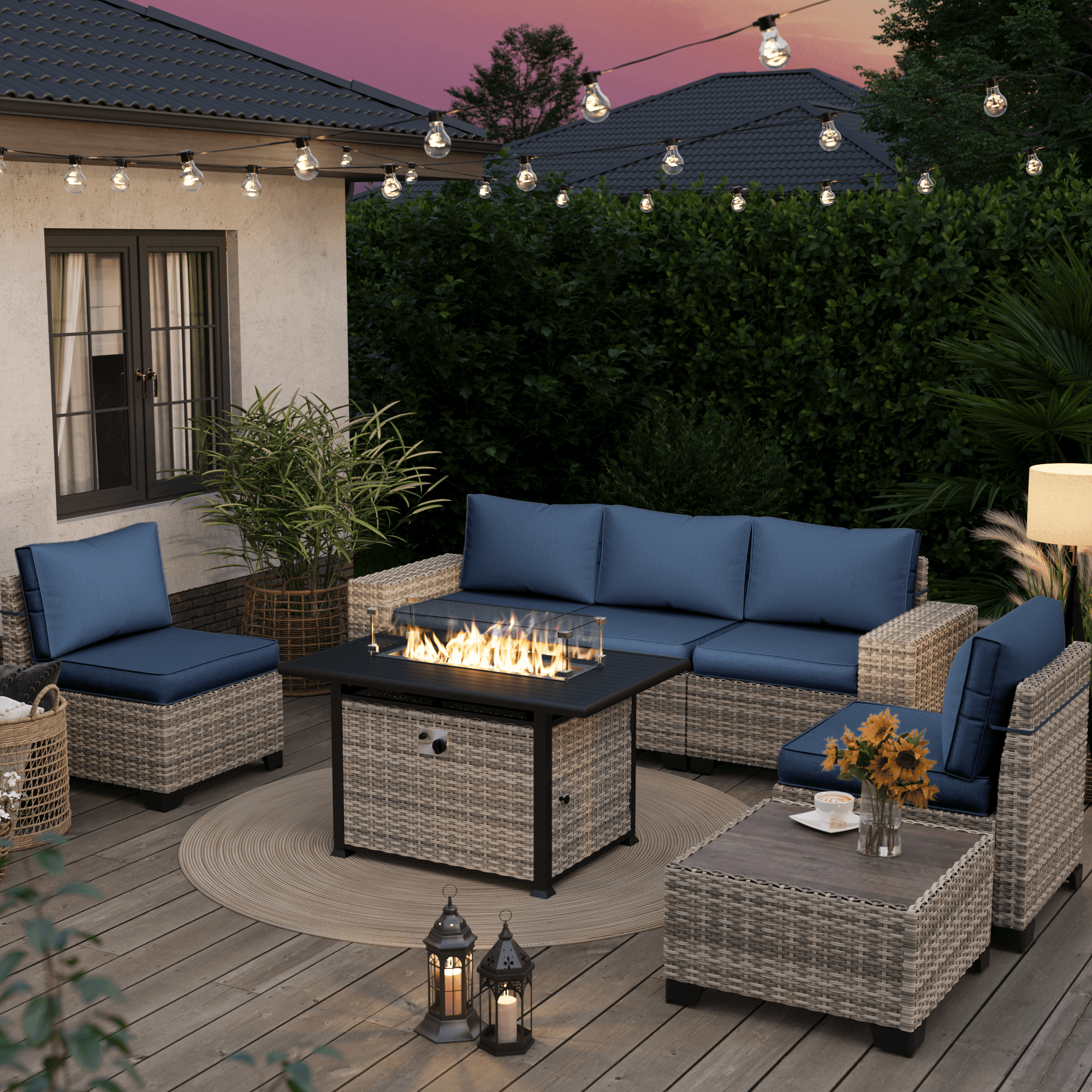 Sweecci 7 Pcs Outdoor Patio Furniture Set, All Weather Wicker Rattan Sectional Sofa & 55000BTU Gas Fire Pit Table, 2-in-1 43" Propane Fire Table for Backyard Garden Poolside Deck,Navy Blue