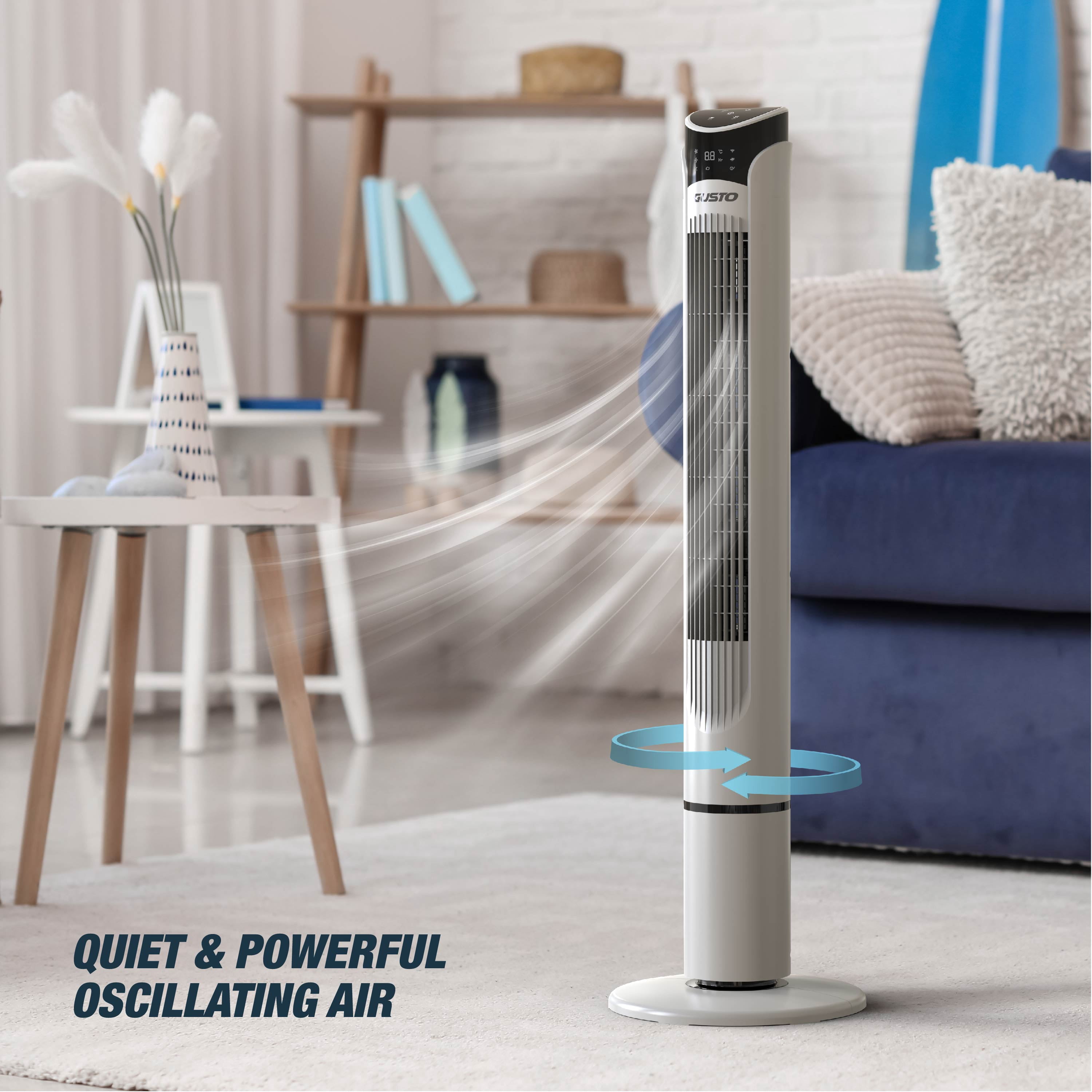 Tzumi 40" Smart Tower Fan, Bladeless Oscillating Standing Floor Fan with Remote, LED Display, and WiFi Function, White