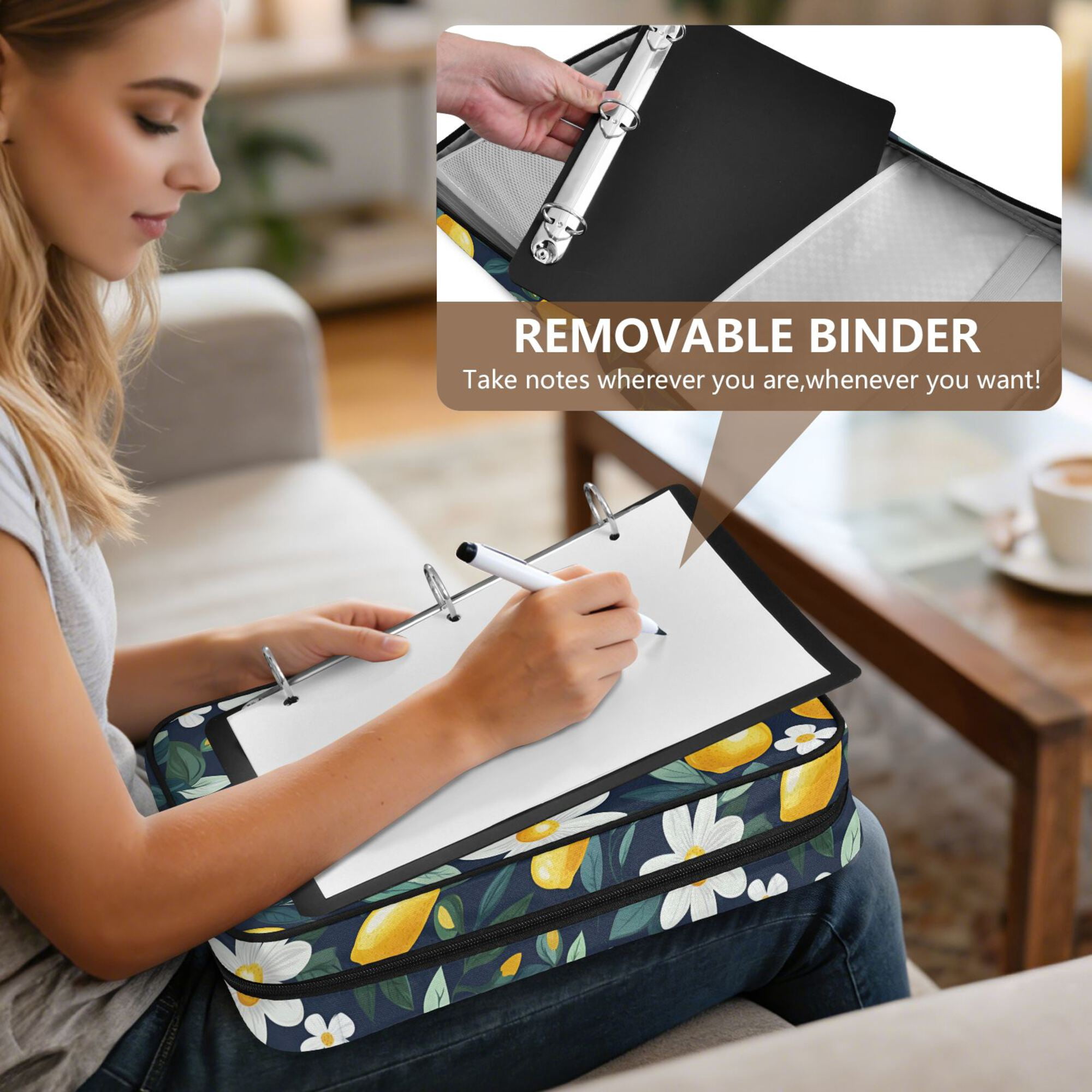 FORMRS Accordion File Folder A4 Size 7-Pocket Expanding Document Organizer Bag with 3 Ring Binder, Lemon Flowers