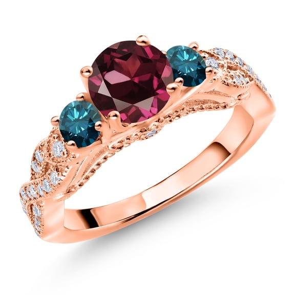 Gem Stone King 18K Rose Gold Plated Silver Red Rhodolite Garnet Blue Diamond and White Moissanite Engagement Ring for Women (1.47 Cttw, Gemstone January Birthstone, Round 6MM and 3MM, Size 5)