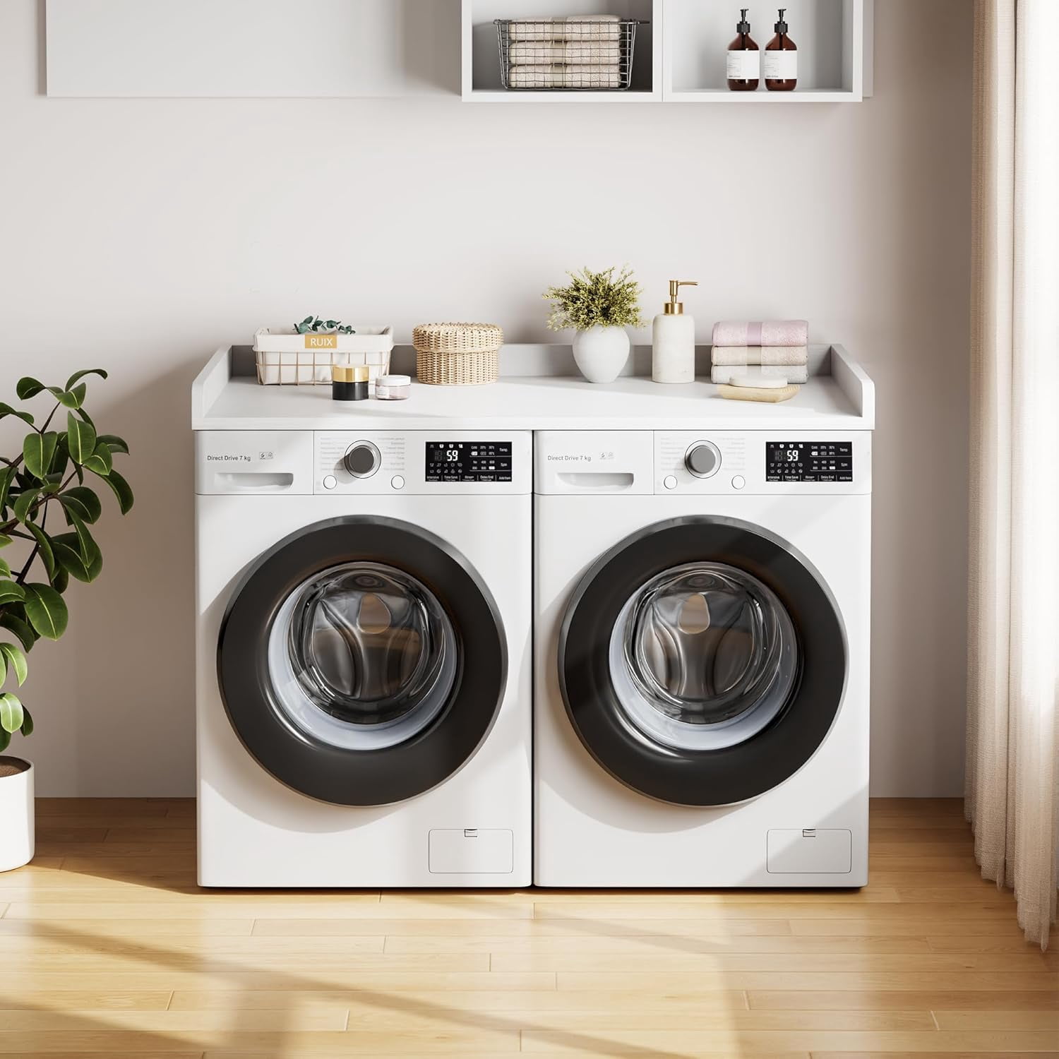 Washer Dryer Countertop, laundry topper with Edge and Non-Slip Pad for Washer Dryer Laundry Hamper Counter Storage Organization 54"x27.5" ，White
