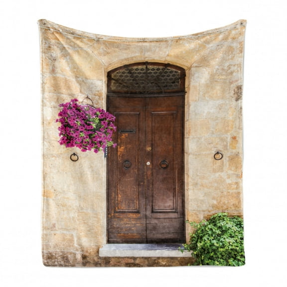 Italian Soft Flannel Fleece Throw Blanket, Rusty Wood Door Flowers in Italy Town Nostalgic Building, Cozy Plush for Indoor and Outdoor Use, 70" x 90", Cream Lilac Brown, by Ambesonne