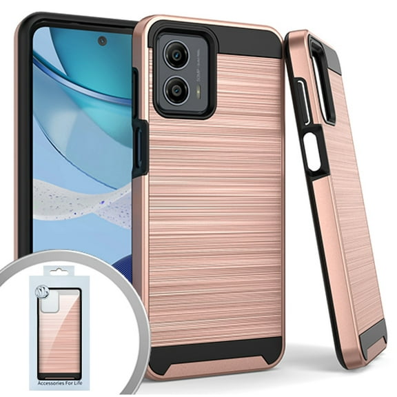 For Motorola Moto G 5G 2023 Metallic Brushed Phone Cover Case   Tempered Glass - Rose Gold