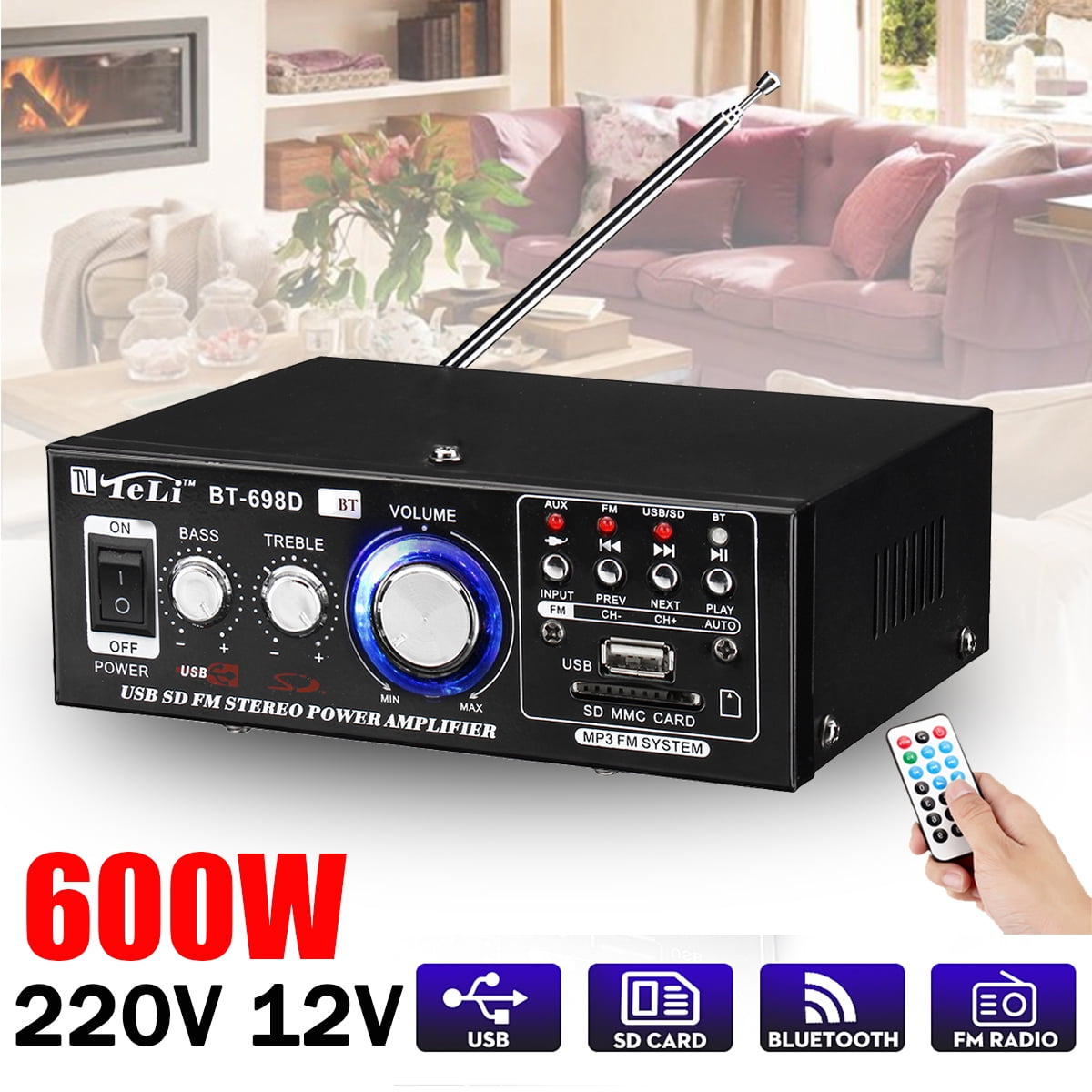 600W 2CH Home/Car HiFi Stereo Amplifier Mic System FM Radio MP3