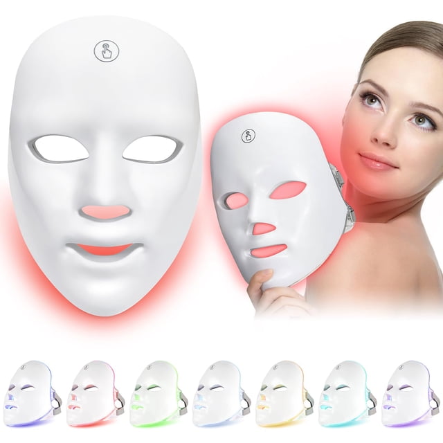 Mascara LED Facial, Luz Roja Facial,Máscara facial para el cuidado de la piel con LED de 7+1colores,Inalámbrico. Máscara Facial Luz Terapia de Luz,portátil.