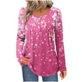 thumbnail image 2 of EchfiProm Fall Tops for Women Hot Pink Long Sleeve Loose Floral Pleated Womens T-Shirt Crew Neck, 2 of 6