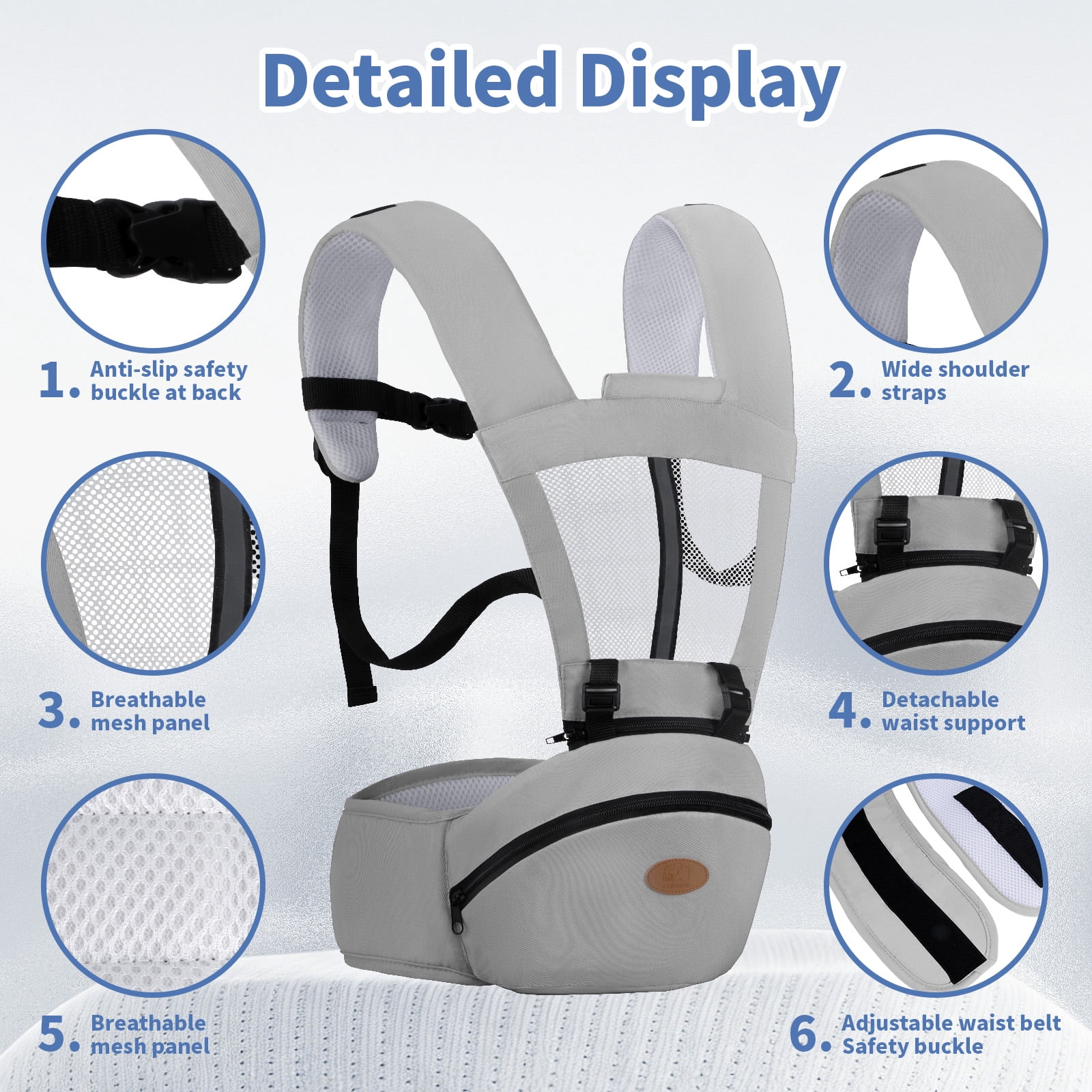 Babyltrl 6-in-1 Baby Carrier with Hip Seat,Ergonomic Infant Carrier Backpack,Breathable Wrap Seat for Newborn Toddlers up to 44 lbs,Gray
