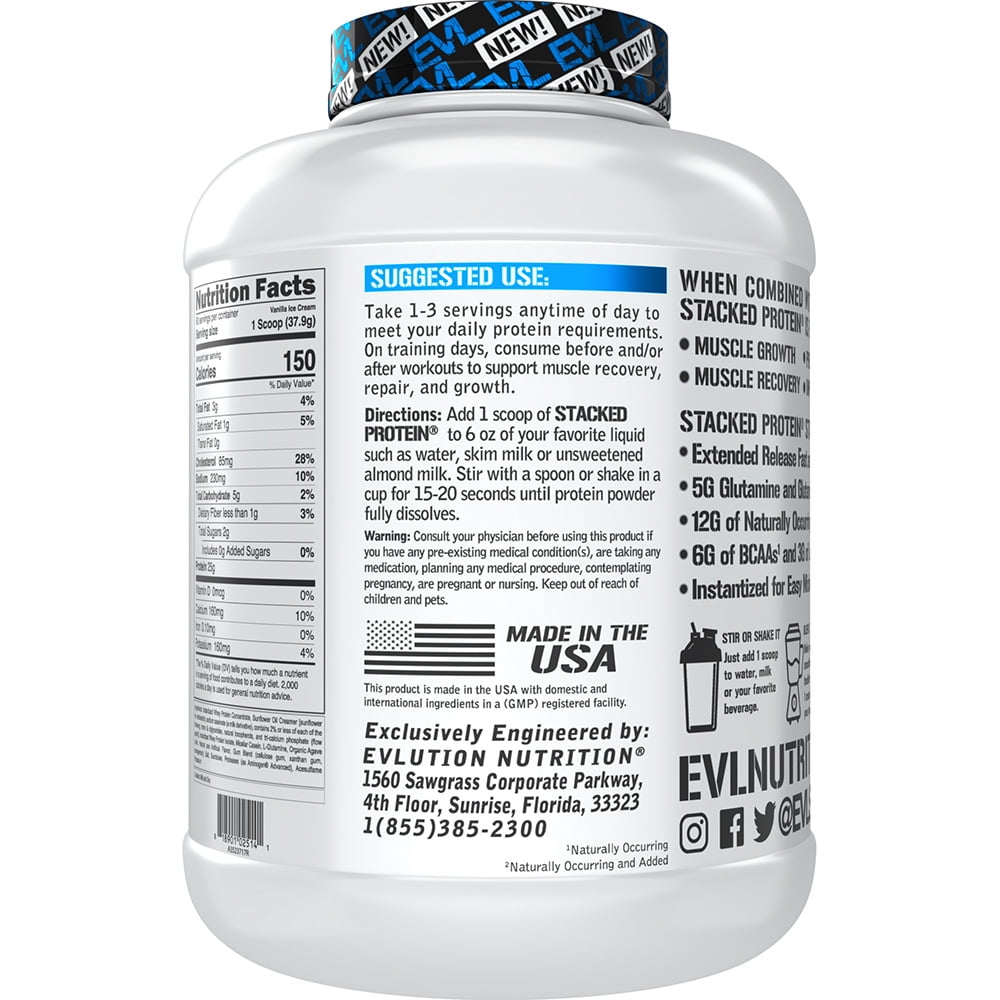 Evlution Nutrition Stacked Protein Protein Powder with 25 Grams of Protein, 6 Grams of BCAAs and 5 Grams of Glutamine (Vanilla Ice Cream, 5 LB)