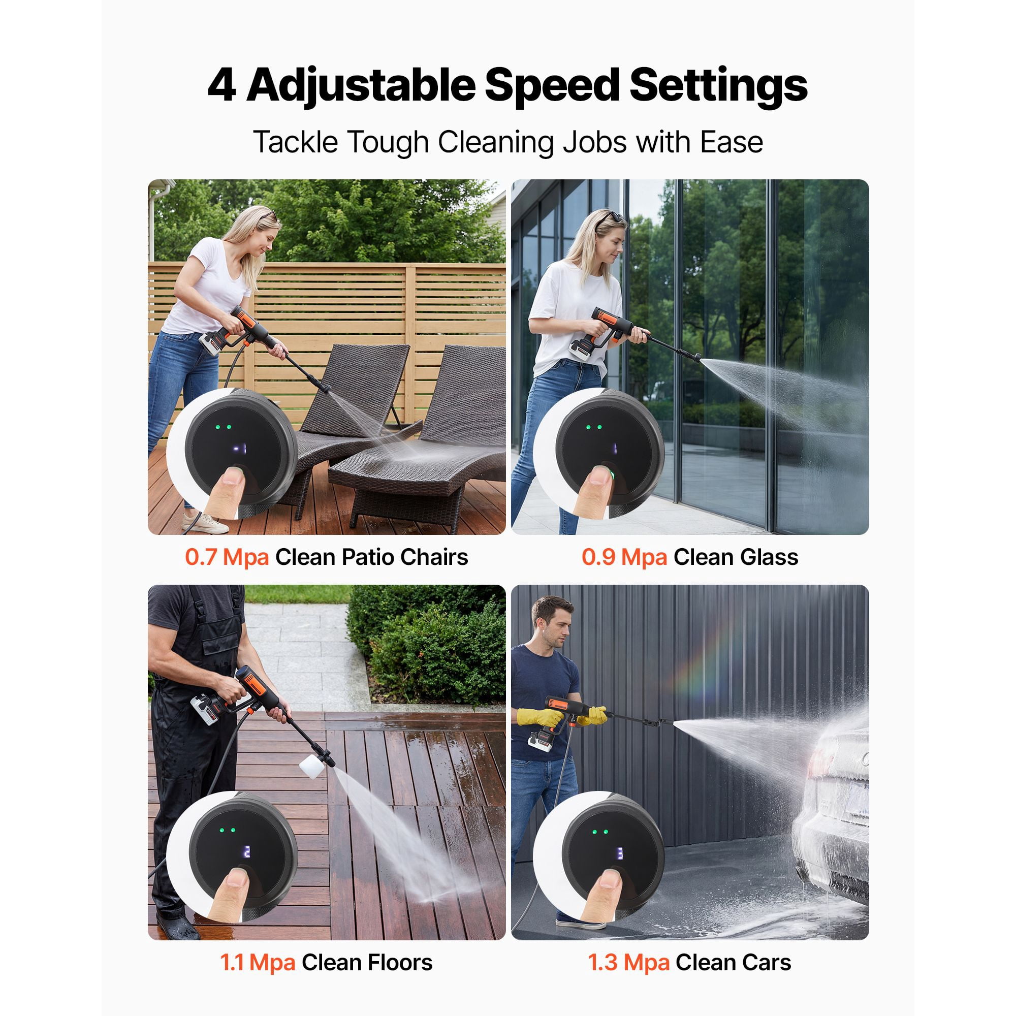Cordless Pressure Washer, 1200PSI Brushless Motor, 6-in-1 Nozzle & Hose, 4-Speed, Battery Powered for Home Garden Patio