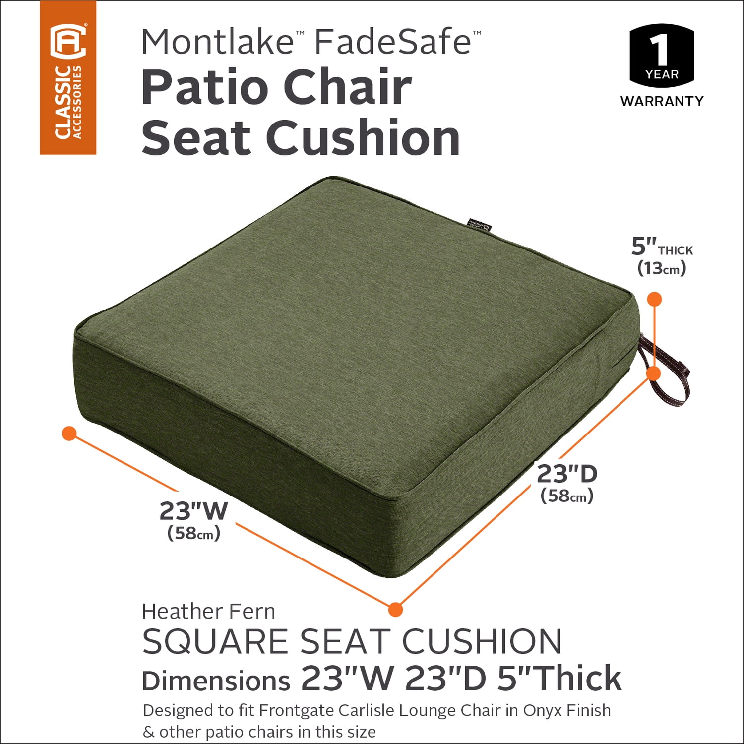 Classic Accessories Montlake FadeSafe Water-Resistant Patio Lounge Chair/Loveseat Cushion, 23 x 23 x 5 inch, Heather Fern