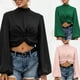 thumbnail image 5 of Moda mujer color sólido blusa cuello alto manga larga linterna nudo Crop Top verano Abanopi Verde/Extragrande, 5 of 7