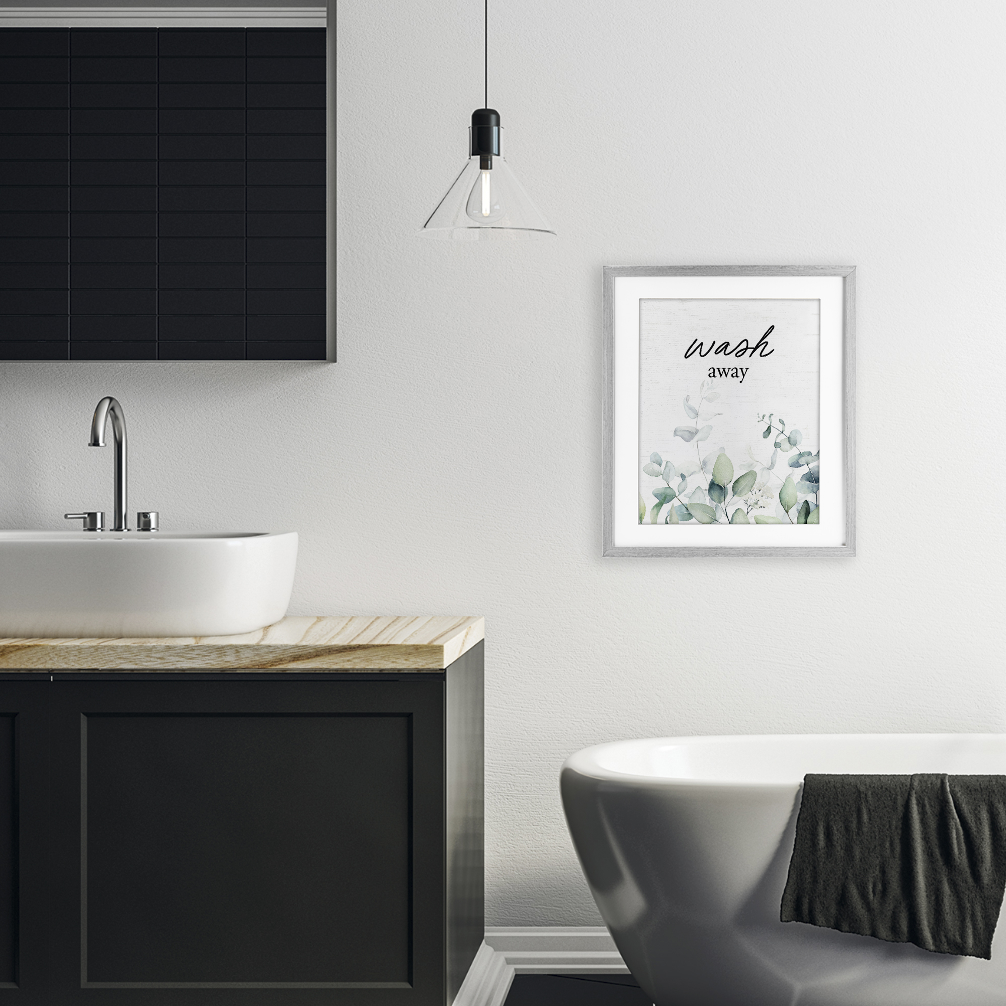 Wash Away Eucalyptus Gray Framed Print Under Glass, design by Lettered and Lined