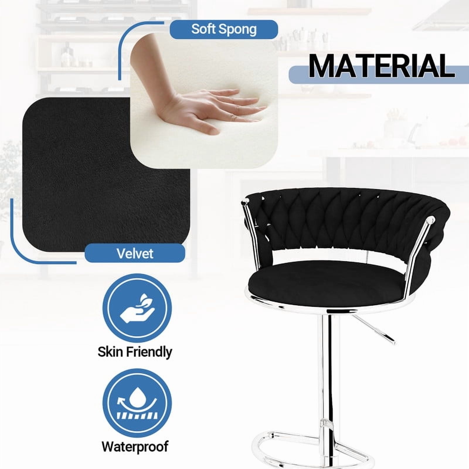 Baxluxe Velvet Bar Stools Set of 2, 360 Degree Swivel Bar Chairs with Footrest & Backrest, Adjustable Counter Height Barstool Dining Chairs, High Stool Pub Chairs for Kitchen Island, Black