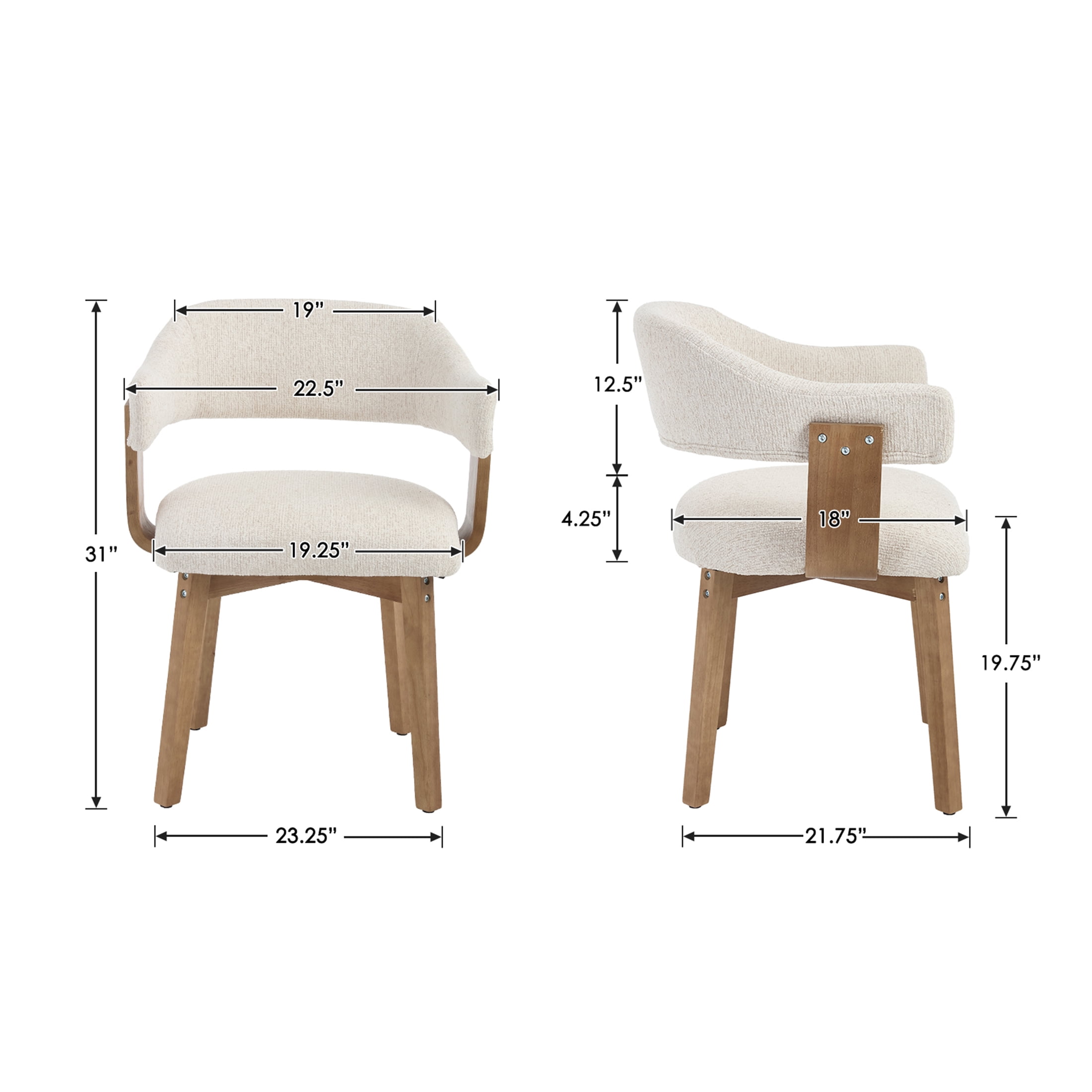 Guyou Modern Dining Chair Set of 2, Chenille Upholstered Dining Room Armchair with Curved Backrest, Mid-Century Wooden Kitchen Side Chairs for Dining Room Living Room, Beige