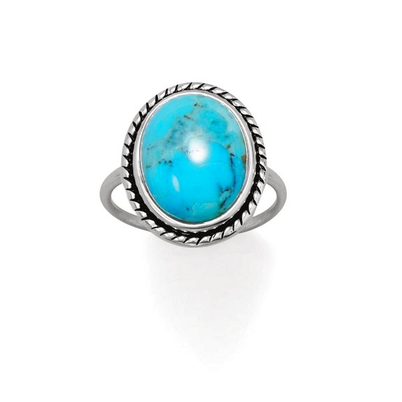 925 Sterling Silver Oval Turquoise With Rope Edge Ring Oxidized Stone 16mm X 12mm Band 1.5mm Wi Ring for Women and Men