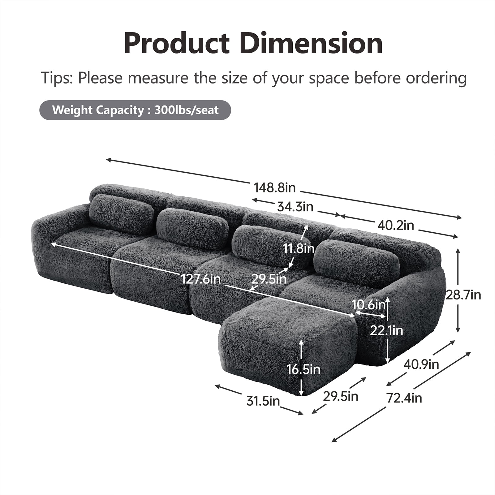 ZenNook 149" Sectional Couches for Living Room, Comfy Boneless Couch, 4 Seater Cloud Sofa, Compressed L Shaped Couch with Ottoman, Modern Modular Sectional, Plush Floor Sofa, No Assembly (Grey)