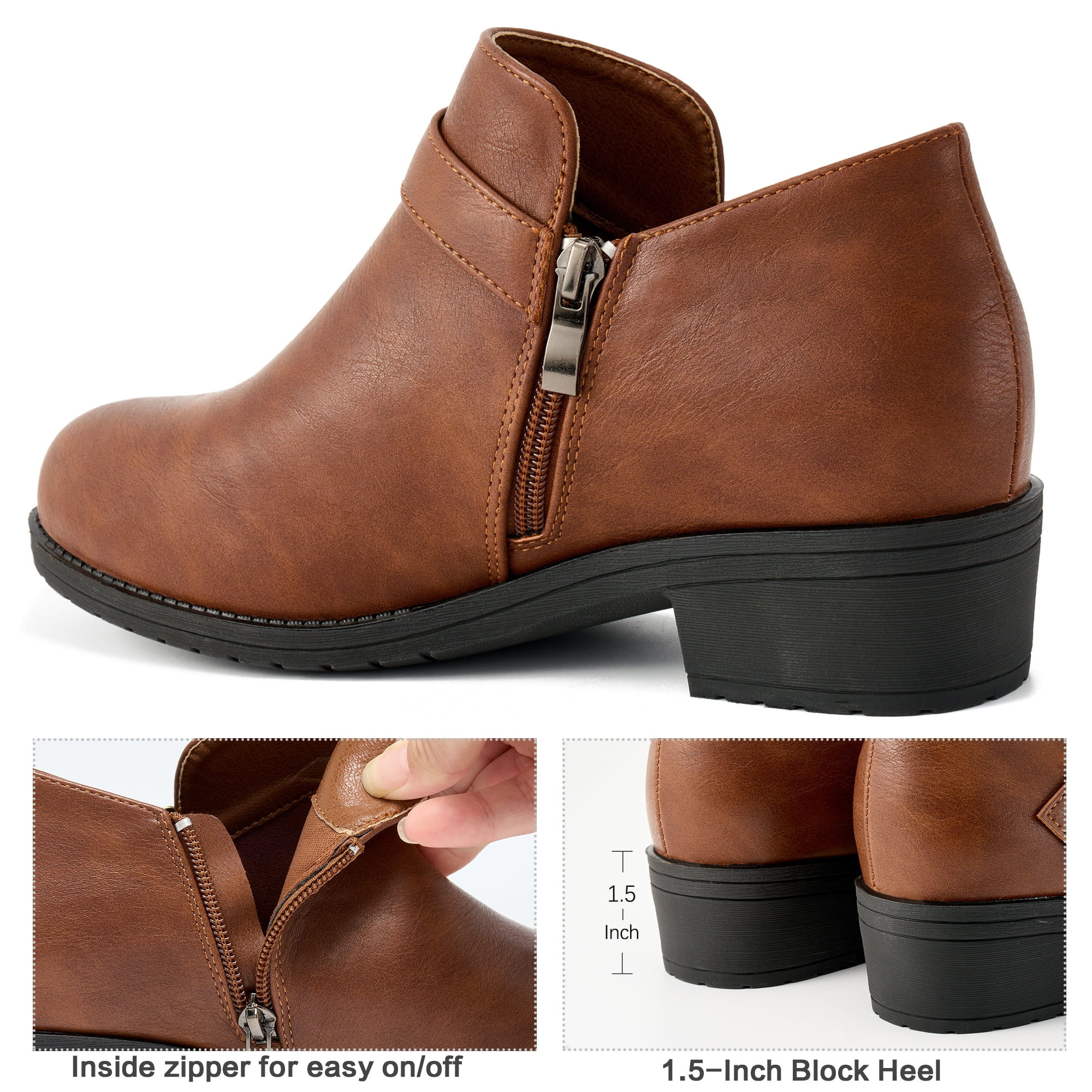 Ecetana Women's Chunky Low Heel Ankle Boots Round Toe Leather