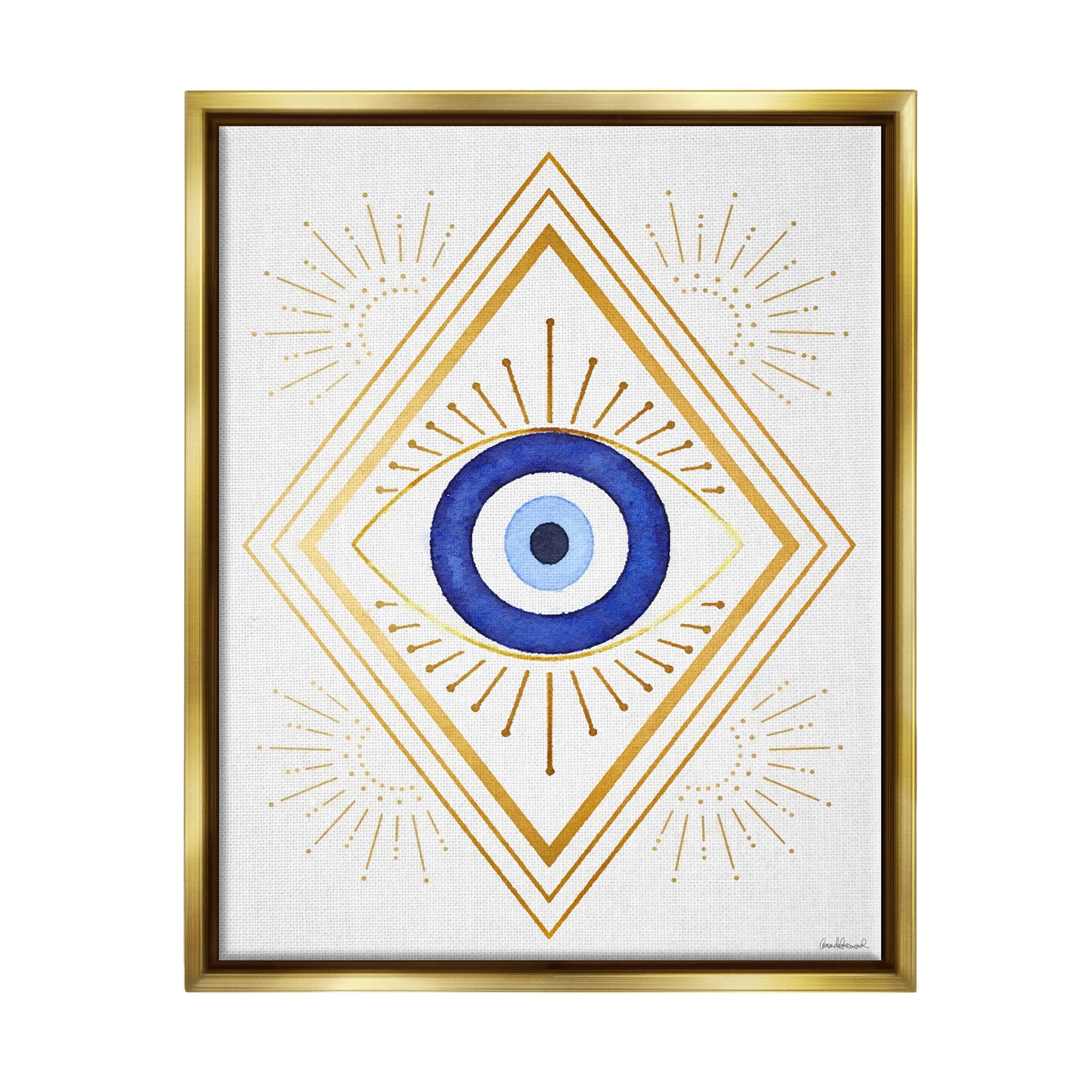 Stupell Industries Vivid Blue Eye Vintage Geometric Deco Glam Shapes Metallic Gold Framed Floating Canvas Wall Art, 24x30, by Amanda Greenwood
