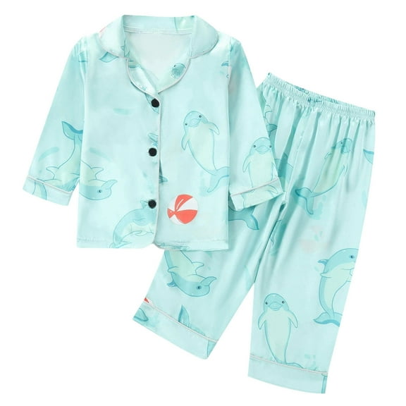 WhouRiu Toddler Girls Pajama Set Cartoon Dolphin Print Long Sleeve Top Pants Comfy Loungewear Sleep Wear Outfits Blue,Sized 3-4